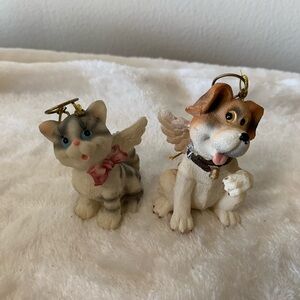 New Set of 2 Pets Ornaments Hand Painted Polystone Vintage Angels Pets